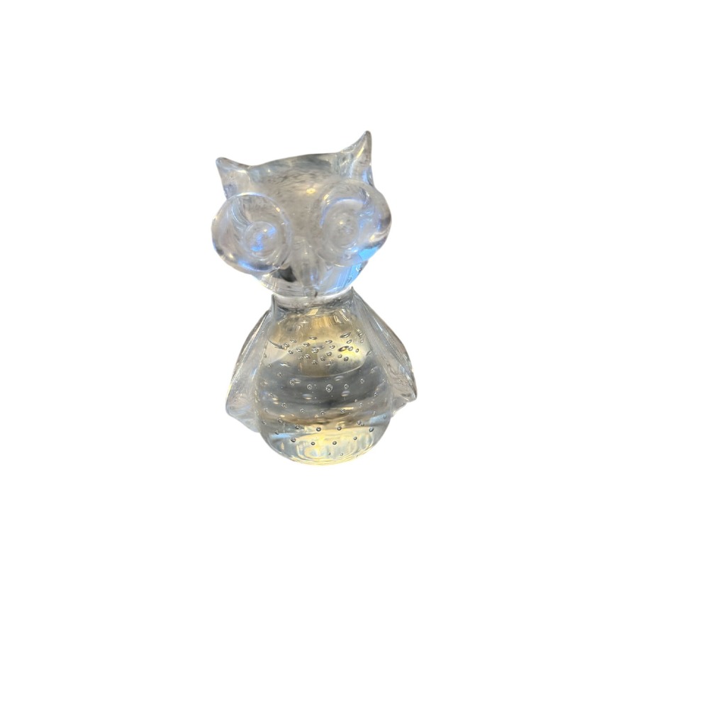 Vintage Clear Art Glass Owl Figurine Controlled Bubble Paperweight Taiwan R.O.C.